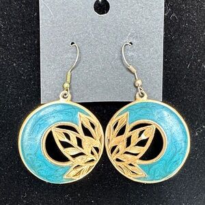 Gold-Tone Turquoise Enamel Leaf Circle Drop Earrings